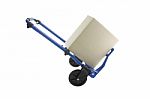 Blue Iron Hand Truck With Carton Box On White Background Stock Photo