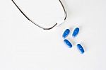 Blue Pills With Stethoscope Stock Photo