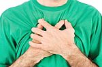 Both Man's Hands On Breast Because Of Hard Breathing Stock Photo