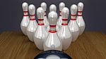 Bowling Pins On Racked Near Strike Stock Photo