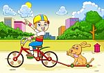 Boy And Dog Riding A Bicycle Stock Photo
