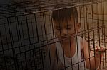 Boy Or Kid Imprison In Cage, Kidnap Or Missing Child Concept Stock Photo