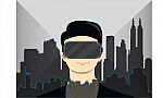 Boy Wearing Virtual Reality Goggles Visualizing World Places Stock Photo