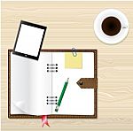 Brown Leather Notebook, Pencil, Coffee And Mobile Phone Stock Photo