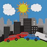 Building And Car With Stitch Style On Fabric Background Stock Photo