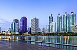 Business Buildings Area And Office, Cityscape At Twilight Stock Photo