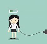 Business Concept, Business Woman Feeling Tired And Charging Battery Stock Photo