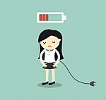 Business Concept, Business Woman Feeling Tired And Low Battery Stock Photo