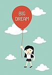 Business Concept, Business Woman Flying With Big Balloon Stock Photo