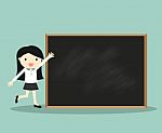 Business Concept, Business Woman Standing In Front Of Blackboard For Presentation Stock Photo