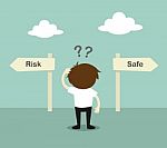 Business Concept, Businessman Confused About Two Direction, Between Risk Or Safe Stock Photo