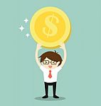 Business Concept, Businessman Feeling Happy While Holding Dollar Coin.  Illustration Stock Photo