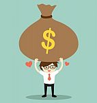 Business Concept, Businessman Feeling Happy With Big Bag Of Money.  Illustration Stock Photo