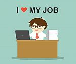 Business Concept, Businessman Working On His Desk With Wording "i Love My Job" Stock Photo