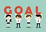 Business Concept, Businessmen And Business Women Holding 'goal' Letters, Goal And Teamwork Concept Stock Photo