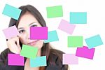Business Lady Thinking With Notes Stock Photo