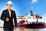 Business Man And Comercial Ship With Container On Port Use For I Stock Photo