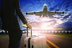 Business Man And Luggage Standing In Airport And Passenger Jet P Stock Photo