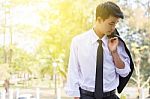 Business Man Standing On The Balcony Stock Photo