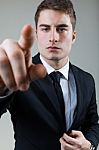 Business Man With Pointing To Something Or Touching A Screen Stock Photo