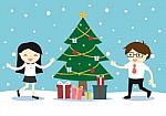 Business Woman And Businessman Feeling Happy With A Christmas Tree And Gift Boxes Stock Photo