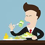 Businessman Eat Money Bill And Coin As Meal Stock Photo