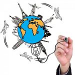 Businessman Hand Drawing Travel The World Monument Concept Stock Photo