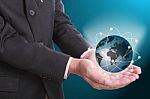 Businessman Holding Global Network Stock Photo