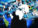Businessman Holding Reaching Images Streaming In Hands Stock Photo