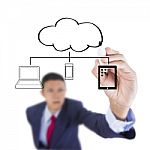 Businessman Look Up And Writing Devices Connect Cloud Computing Stock Photo