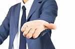 Businessman Open Palm Hand Gesture Isolated On White Background Stock Photo