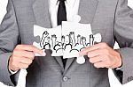Businessman Showing Jigsaw Connect Create People Hand Up Stock Photo