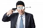 Businessman Use Gun Shoot Word Fear In His Head Isolated On Whit Stock Photo