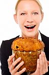 Businesswoman With Panettone Stock Photo
