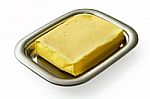 Butter On Silver Butter Dish Isolated Stock Photo