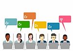 Call Center Operators Team, Man Woman Customer Support People Group Chat Bubble Internet Communication Thin Line Illustration Stock Photo