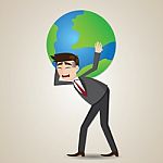 Cartoon Businessman Carrying Globe On Shoulder Stock Photo