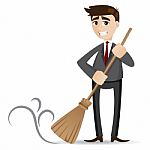 Cartoon Businessman Cleaning With Broom Stock Photo