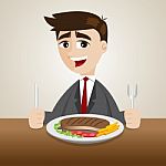 Cartoon Businessman Dinner With Steak Stock Photo