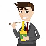 Cartoon Businessman Eating Instant Noodle Stock Photo