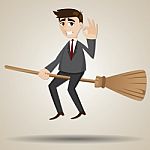 Cartoon Businessman Floating On Magic Broom Stock Photo