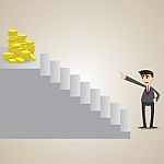 Cartoon Businessman Focus At Gold Coin On Top Of Stair Stock Photo