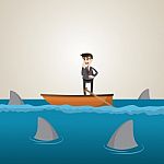 Cartoon Businessman On Boat With Shark In Sea Stock Photo