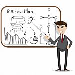 Cartoon Businessman Presentation With Business Plan Stock Photo