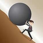 Cartoon Businessman Push Steel Ball On Moutain Stock Photo