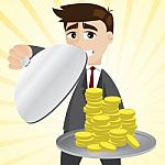 Cartoon Businessman Showing Gold Coin In Tray Stock Photo