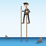 Cartoon Businessman Walking In Sea Stock Photo