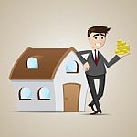 Cartoon Businessman With House And Money Stock Photo