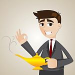 Cartoon Businessman With Magic Lamp Stock Photo