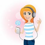 Cartoon Cute Girl Listen Music With Headphone Stock Photo